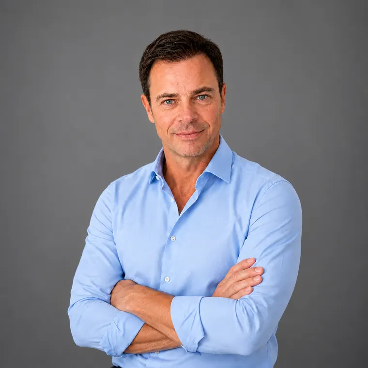 Portrait de François Rosenblatt en chemise bleu clair